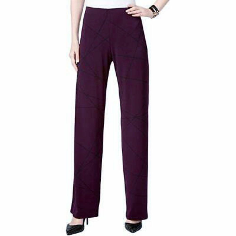 ALFANI Purple Fig Black Layer Lines Pull On Wide Leg Stretchy Pants XL NWT